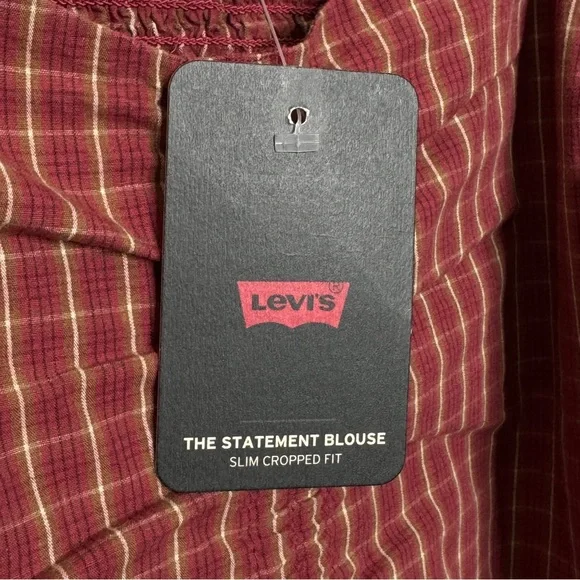 Levis Plaid Crop Blouse Devin Puff Sleeve Top Western Country Red SZ Small - Picture 11 of 16